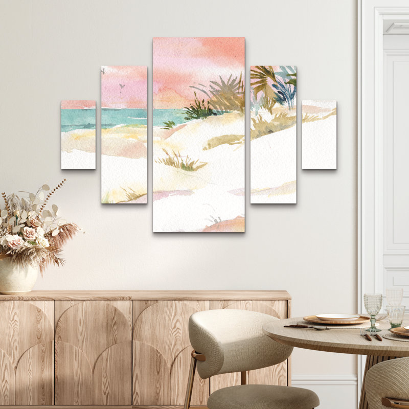 Ensemble de 5 panneaux muraux - Sheila Golden «Beachscape 2», art mural sur toile pour le salon, la chambre à coucher ou le bureau 