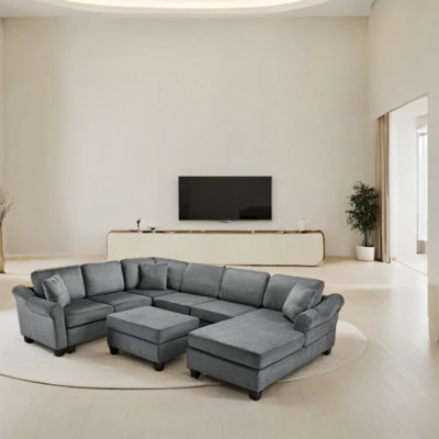  111.8-inch U-shaped Sectional, Chenille Upholstered Sectional With Removable Storage Footstool Combo Sectional For Living Room