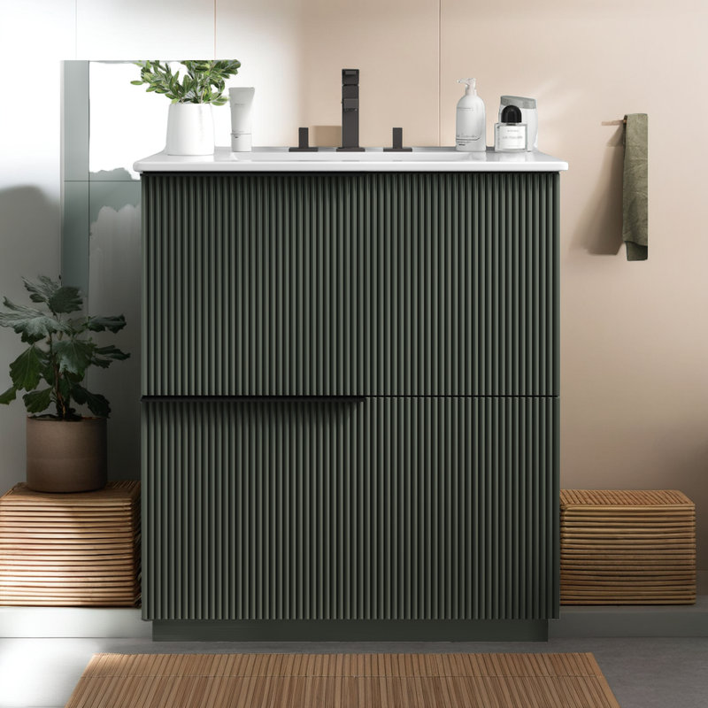 Hurlburt Bathroom Vanity with Integrated Ceramic Sink & Smart Storage?, Green