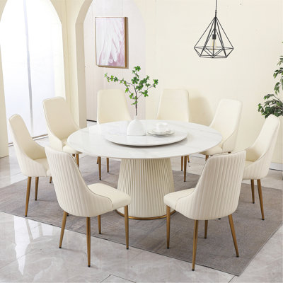 Table de salle à manger moderne en pierre frittée de 59 po avec table tournante ronde de 31,5 po avec piédestal exquis en bois et en métal et chaises de 8 pièces