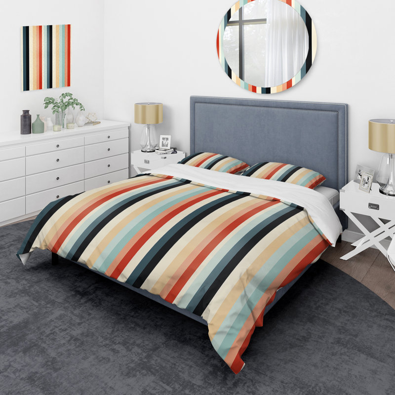 Colorful Nostalgia Striped Pattern I Polyester Striped and Abstract Duvet Cover Set, Twin Duvet Cover + 1 Standard Sham