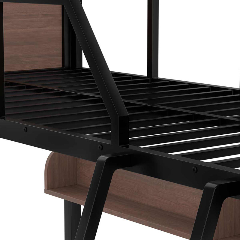 Metal Bunk Bed With Built-In LED Light & Storage Shelves Safe Design For Kids & Adults, Brown/Black, Twin Over Full