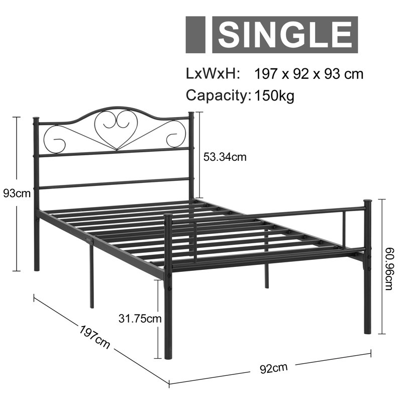 Single Double Platform Bed Frame, Metal Beds with Headboard and Footboard, Heavy Duty Steel Slats Support, Black/Pink, Black