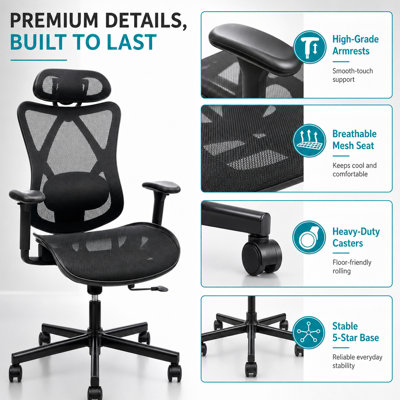 Chaise de bureau ergonomique, siège de bureau à haut dossier en filet avec support lombaire réglable, appui-tête, accoudoirs, verrou d'inclinaison de 90 à 135 degrés, roues silencieuses, capacité de 280 lb pour la maison, les jeux et l'ordinateur