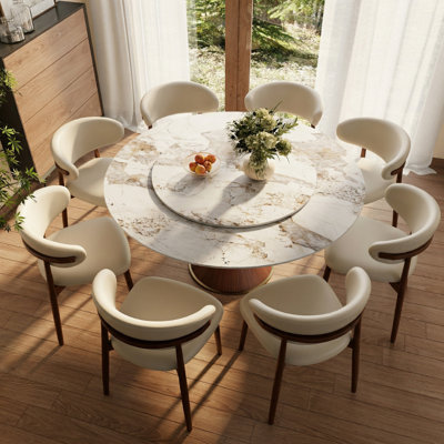 Ensemble de table ronde 9 pièces en pierre frittée élégante avec plateau tournant rotatif et 8 chaises rembourrées en polyuréthane