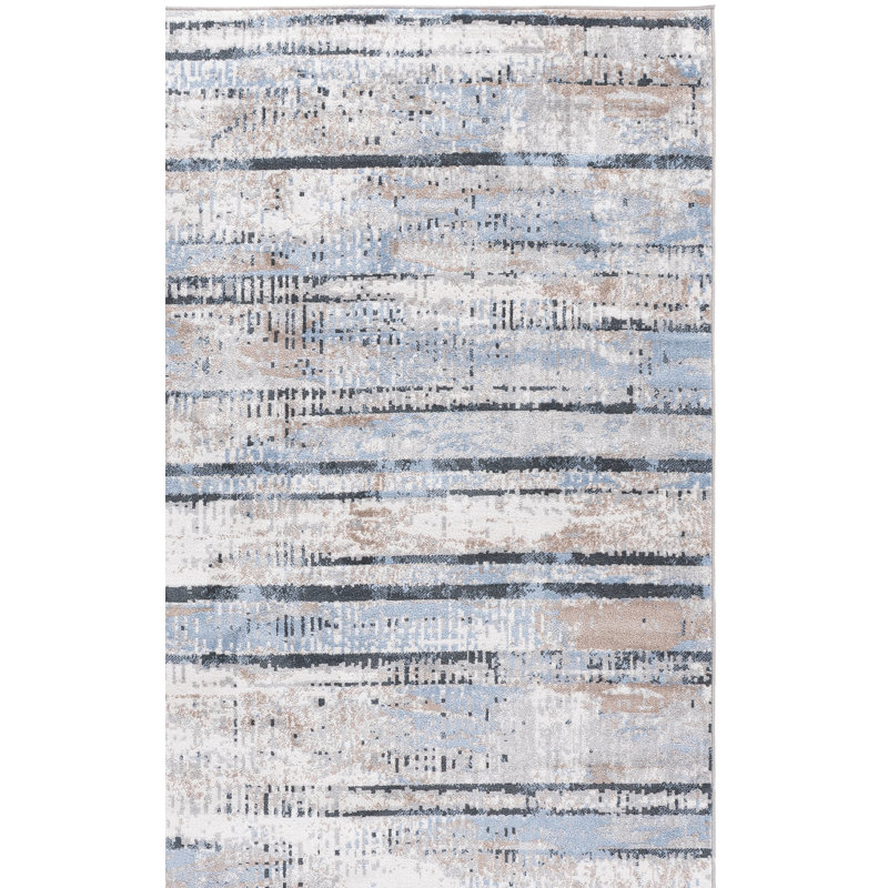 Tapis abstrait en polyester tissé à plat à la main en bleu / or, Rectangulaire 4 pi x 6 pi