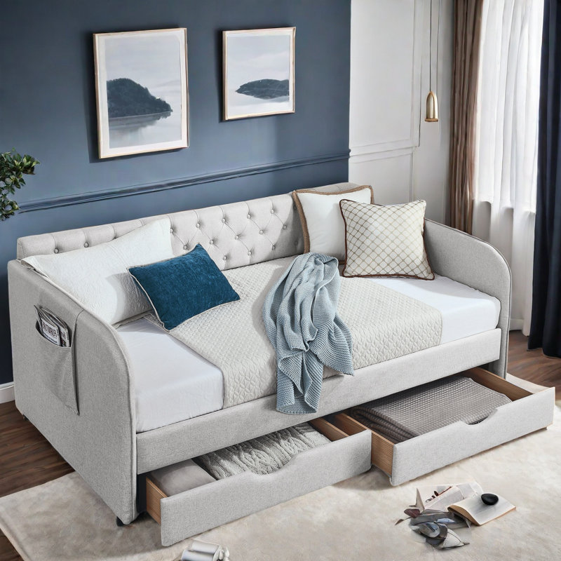 Braddon  Daybed With Trundle, Two Drawers , Side Pockets And Button Tufted Design, Beige