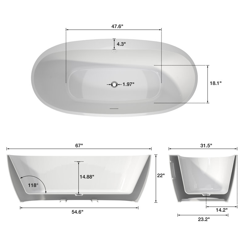 67" x 31" Freestanding Soaking Acrylic Bathtub