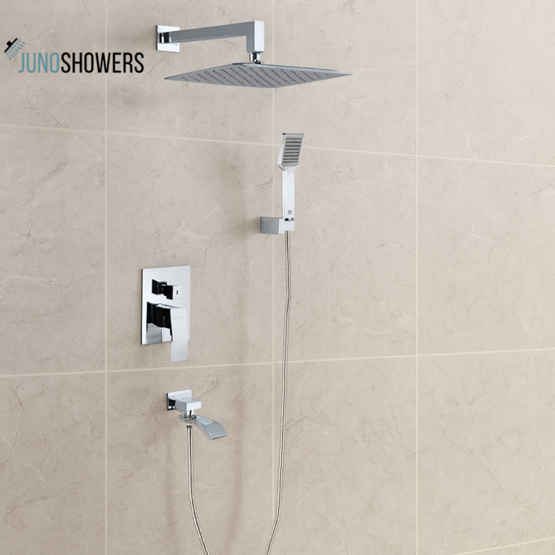 Juno Square Chrome Wall Mount Rain Shower Head With Mixer And Handheld Shower
