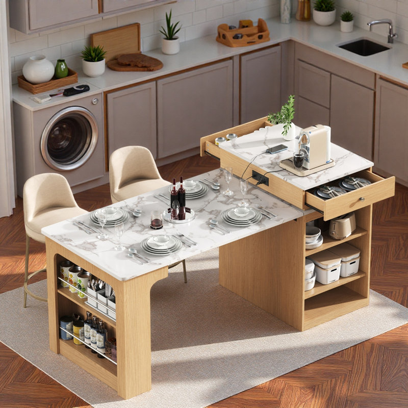 Kitchen Island With Extendable Dining Table, Double-sided Storage, 2 Drawers, Power Outlet, White, Natural