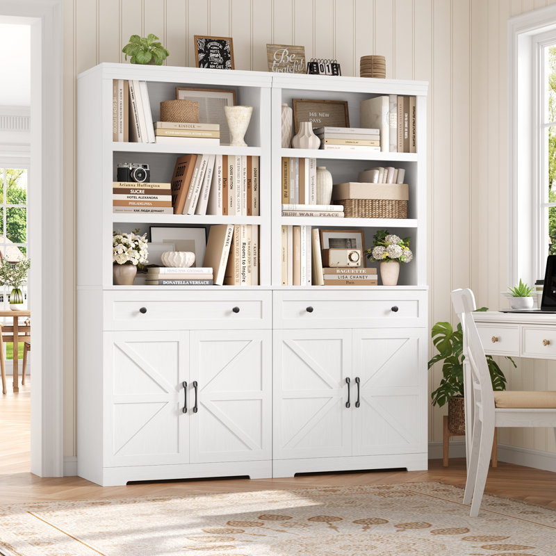📚【2-Pack Set】Farmhouse Bookcase With X-Design Door & Drawer – Rustic Storage Cabinet For Living Room, Study, Kitchen