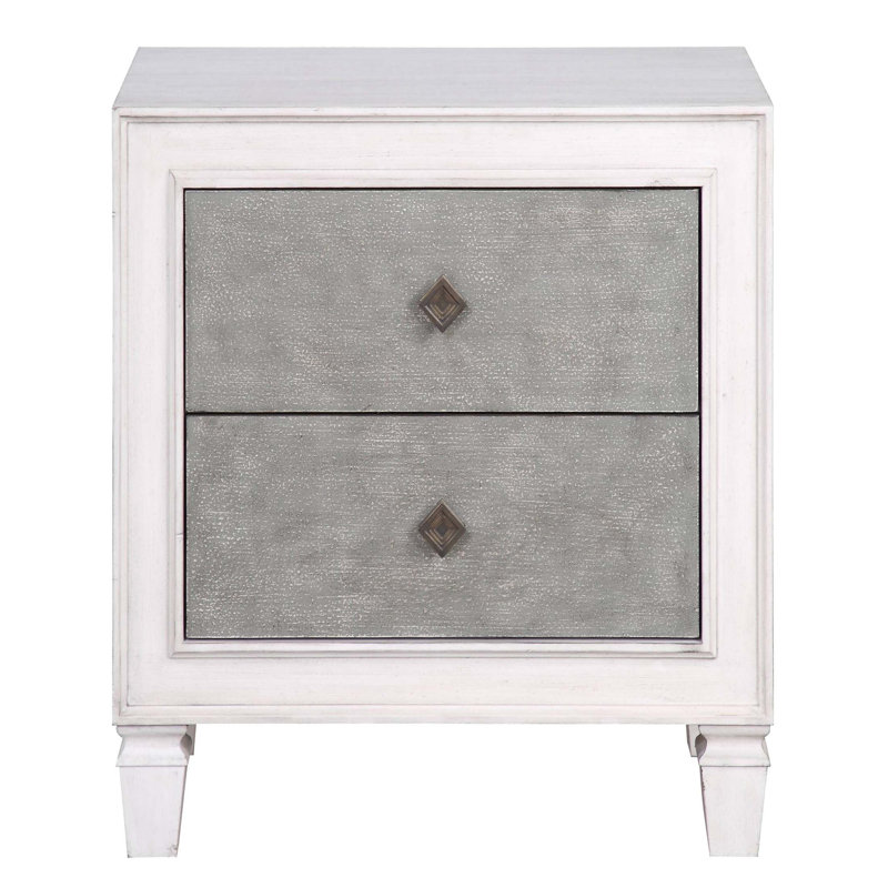 Table de chevet rustique et patinée à 2 tiroirs avec plateau en feutre et mécanisme de fermeture en douceur pour un décor de chambre à coucher confortable