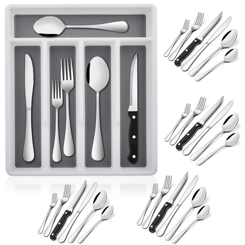 Ensemble de couverts 24 pièces avec plateau de rangement et couteaux à steak