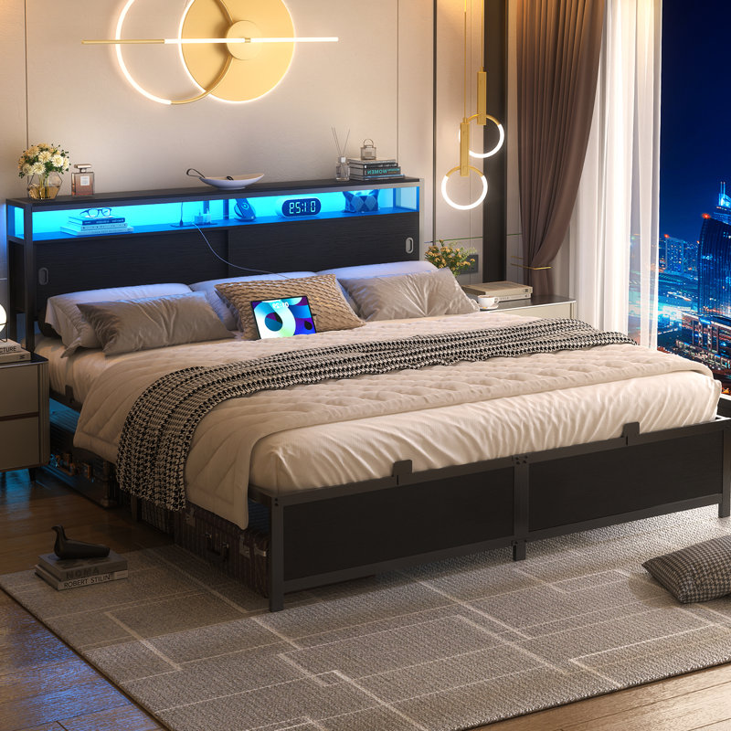 Lit de rangement avec portes coulissantes, lumières DEL et station de charge USB, Noir, Très grand