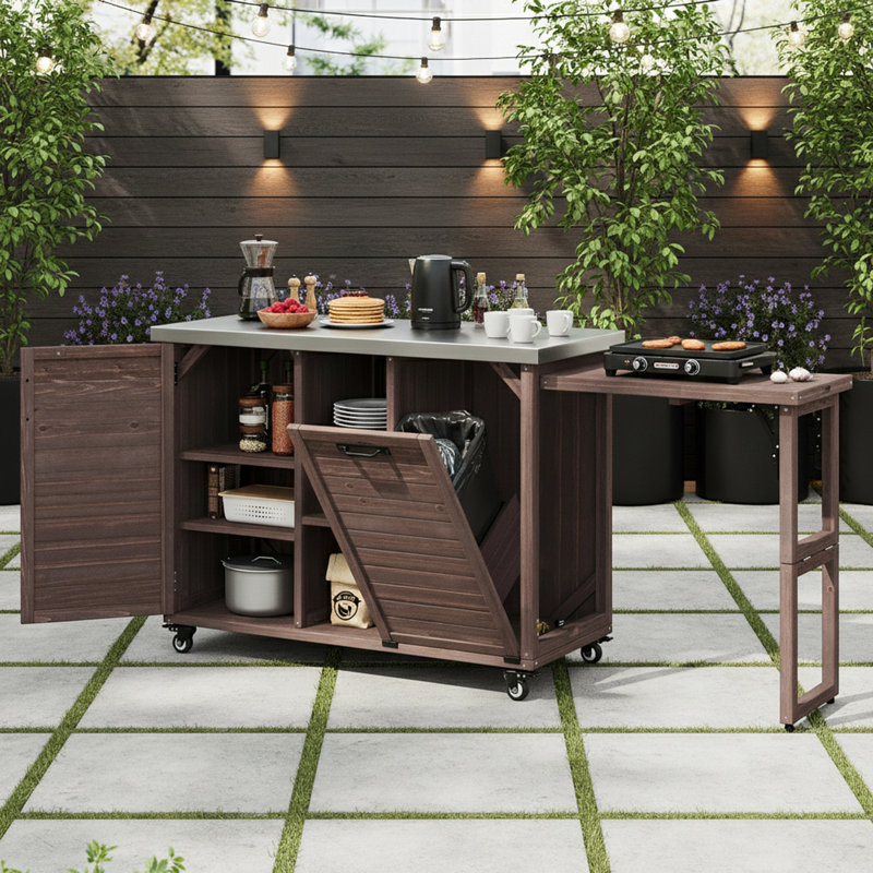 Stainless Steel Top Kitchen Island With Foldable Grill Table And Trash Can Storage, Dark Brown