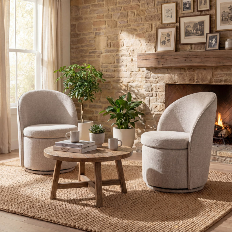 Swivel Barrel Chair Boucle Upholstered Accent Chair With High Back, Beige