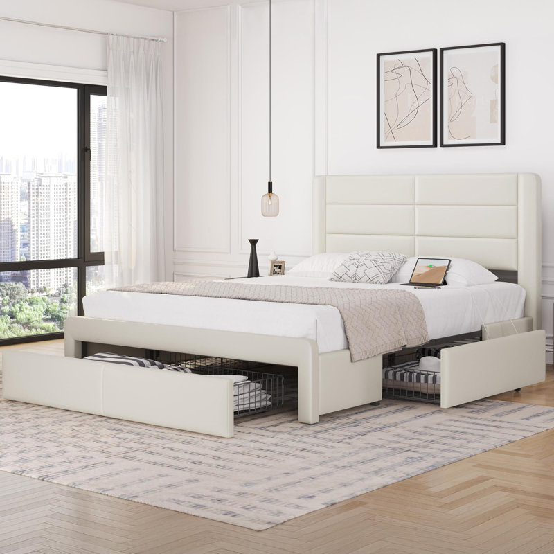 Grand cadre de lit avec 2 stations de charge USB, Beige