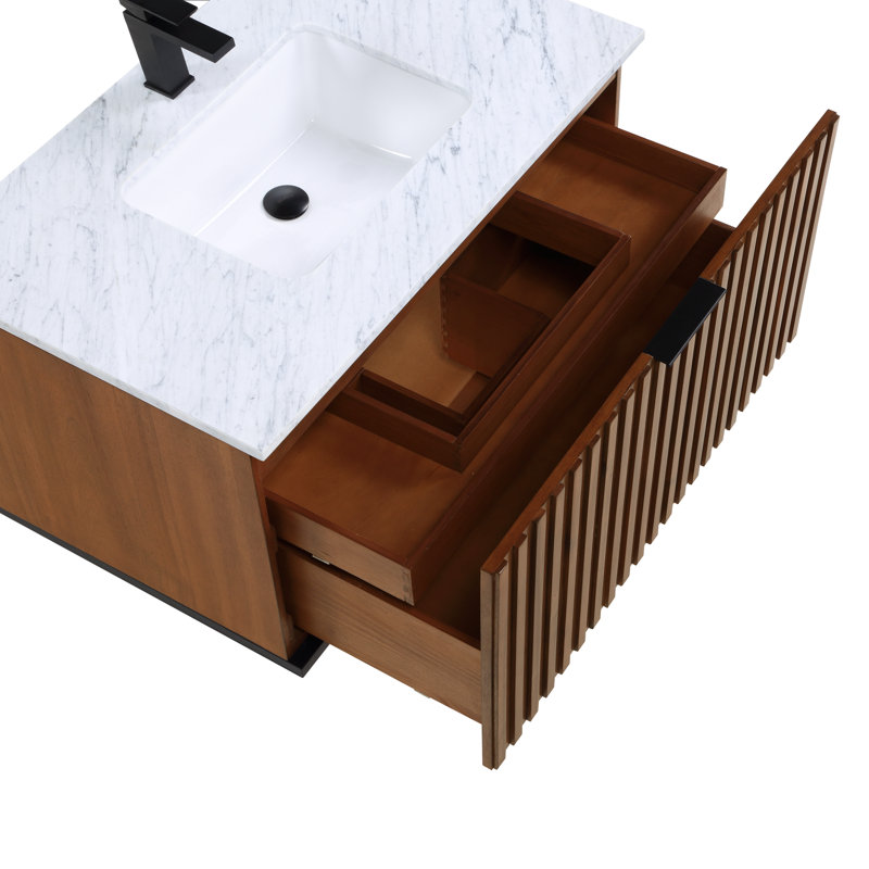Terra 36'' W Single Vanity, Walnut, Carrara Marble/Single Faucet Mount, Matte Black