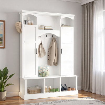 Modern Hall Tree With Adjustable Shelves, Side Cabinets, Top Compartments And Hooks