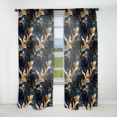 Midnight Blue And Golden Floral Marble Pattern II - Abstract Marble Velvet Curtain - 1 Panel
