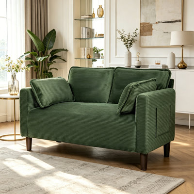 48" Green Corduroy Loveseat Sofa, 2-Seater Small Couch with Side Storage Pocket, Sturdy Composite & Solid Wood Frame, Easy Assembly for Living Room, Apartment, Dorm