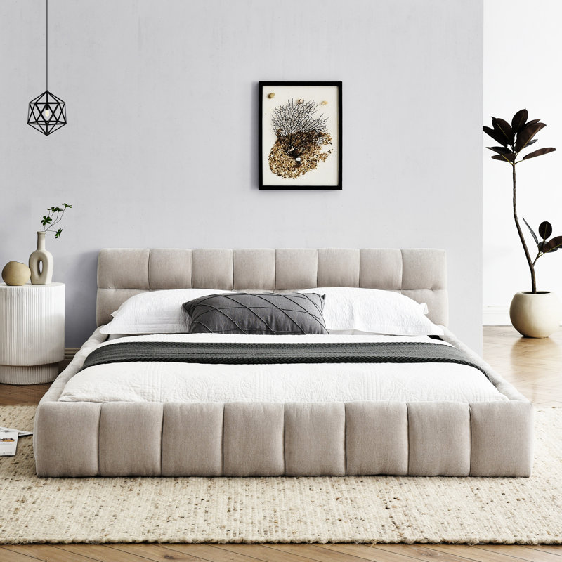 Grand lit plateforme avec revêtement en chenille, conception moderne, sans sommier pour lit de chambre à coucher, structure solide et stable en tissu,