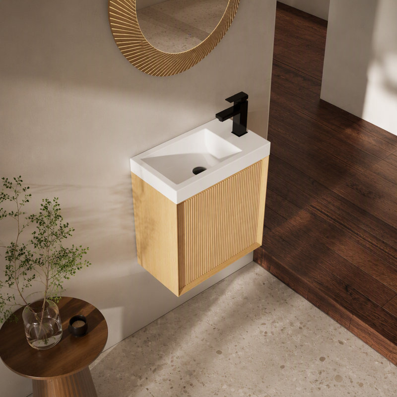 18.5" Wall-Mounted Bathroom Vanity With Resin Sink, Soft Closed Single Door, Bathroom Cabinet Set, MDF, Nature Wood (KD-Packing)