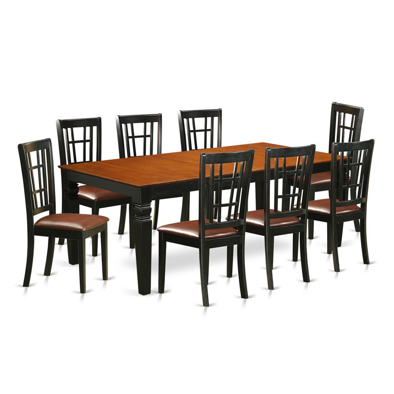 9 Piece Modern Dining Table Set Includes a Rectangle Wooden Table with Butterfly Leaf and 8 Faux Leather Chairs, Black & Cherry
