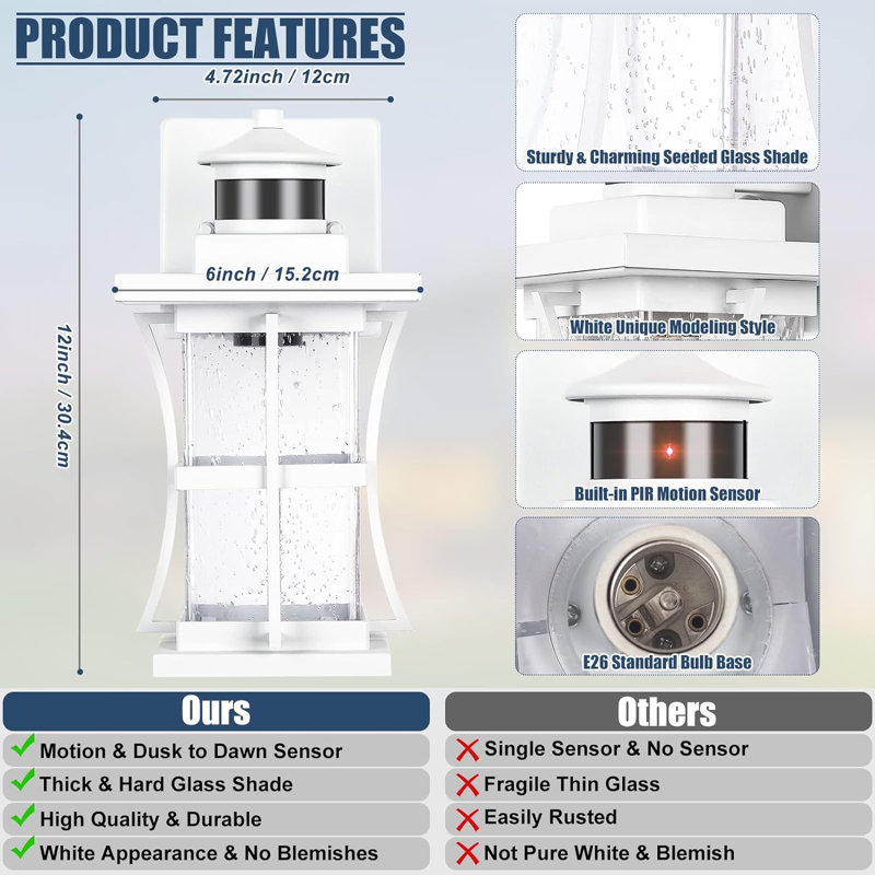 Pair of Black Motion Sensor Outdoor Wall Lanterns with Seeded Glass