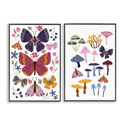 Ensemble de 2 giclées encadrées avec papillons et champignons délicats, design par JJ Design House LLC