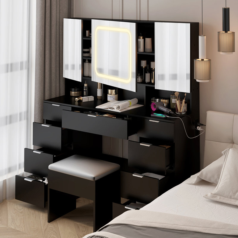 Ensemble de coiffeuse avec 3 miroirs et lumières DEL, Noir, noir, noir, noir, Argent argent
