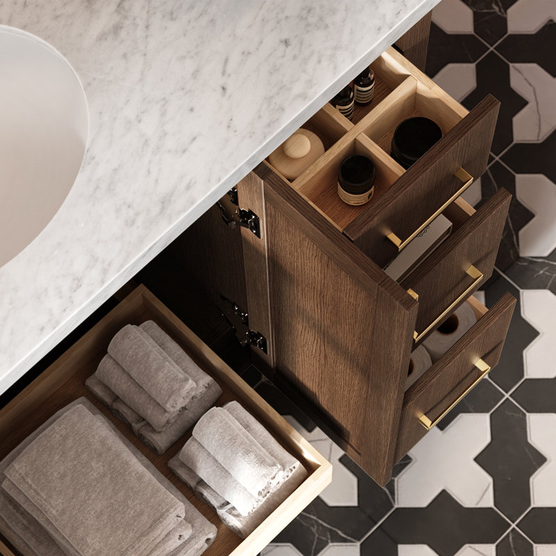   Kayleigh 49 Inch Single Oval Sink Bathroom Vanity with Carrara White Marble Countertop 1.5 Inch in Brown Oak, Oval