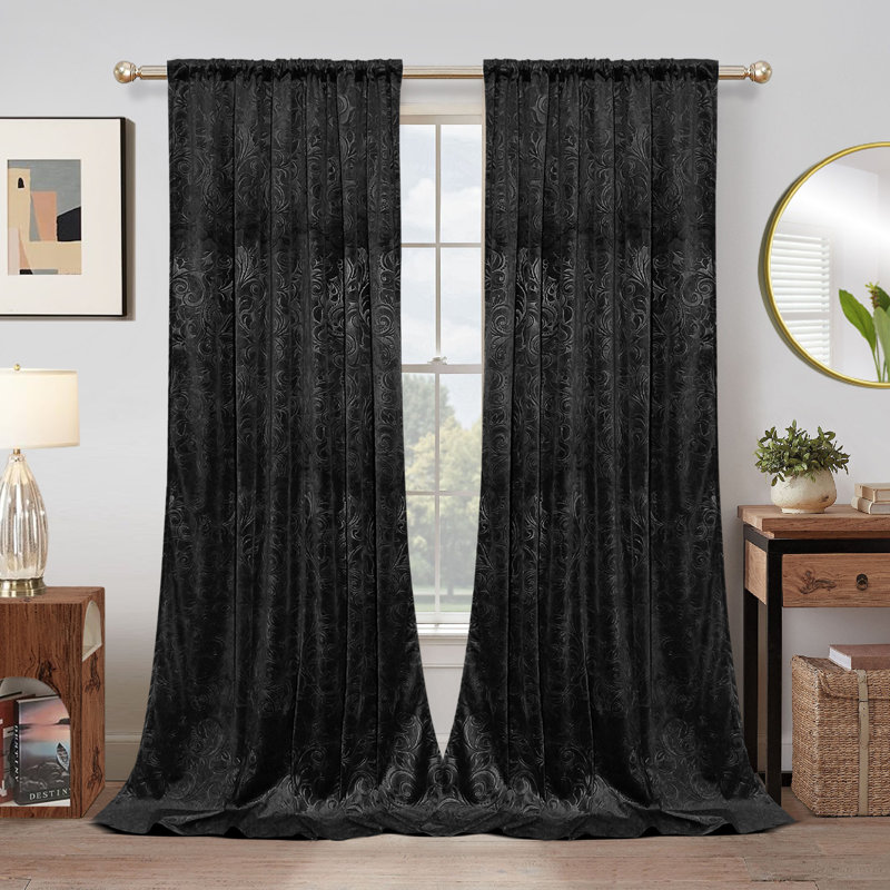 Luxury Dutch Velvet Blackout Curtains Floral Damask Pattern Thermal Isolate Light Heat Blocking Drapes, Black, 52" W x 84" L