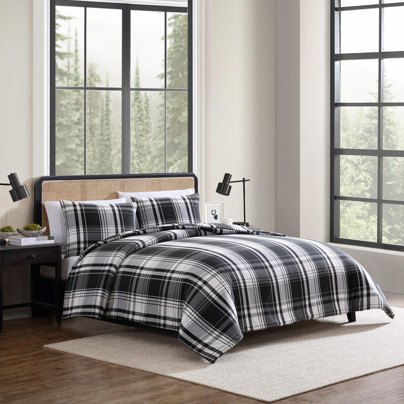 Ensemble d'édredon réversible noir Eddie Bauer, Édredon pour grand lit + 2 taies décoratives sta