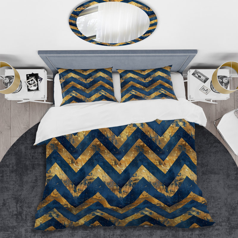Ensemble de housse de couette à chevrons bleu doré et bleu Glam I, Housse de couette très grand + 2 taies décorativ
