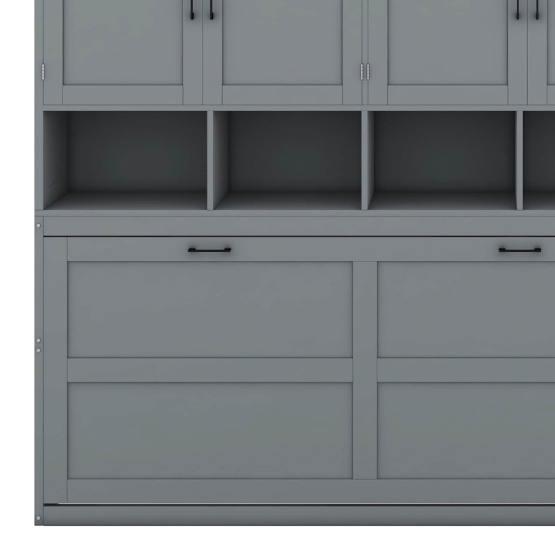Lit escamotable simple avec armoire de rangement, bibliothèque, tiroirs de rangement et bureau, Gris