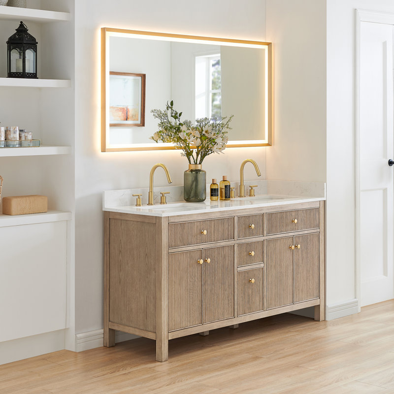 Meuble-lavabo double 60 po avec miroir Lala, Chêne naturel
