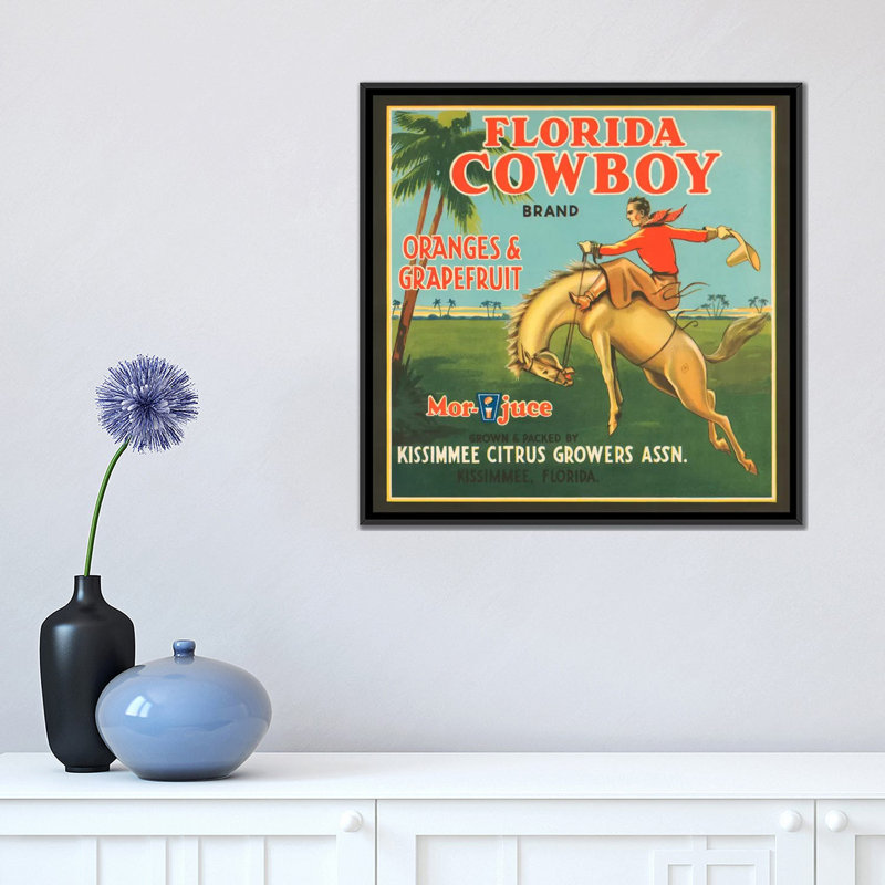 Publicité rétro sur toile «Florida Cowboy Oranges and Grapefruit», H 26 po x l 26 po x P 1,5 po, Toile avec cadre noir