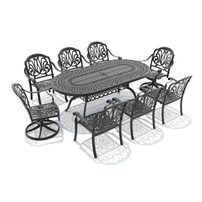 Ensemble de salle à manger ovale pour patio 8 personnes, 81,89 po L, avec trou pour parasol, 2 chaises pivotantes + 6 chaises empilables avec coussins bruns