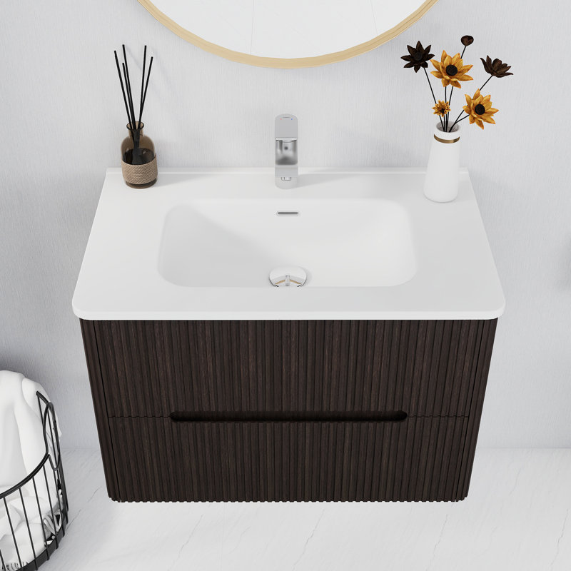 Armoire de salle de bain murale 30 po à rayures verticales de couleur brune foncée | Lavabo intégré en céramique | Tiroirs doubles | Rail silencieux à fermeture douce | Charnière à fermeture douce