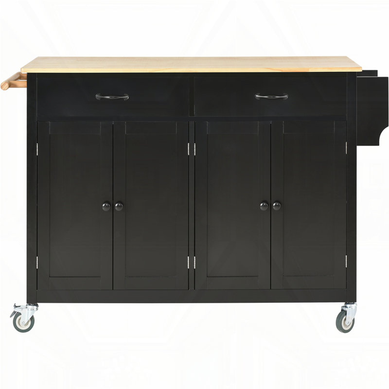 Chariot pour îlot de cuisine avec plateau en bois massif et roulettes verrouillables, Noir