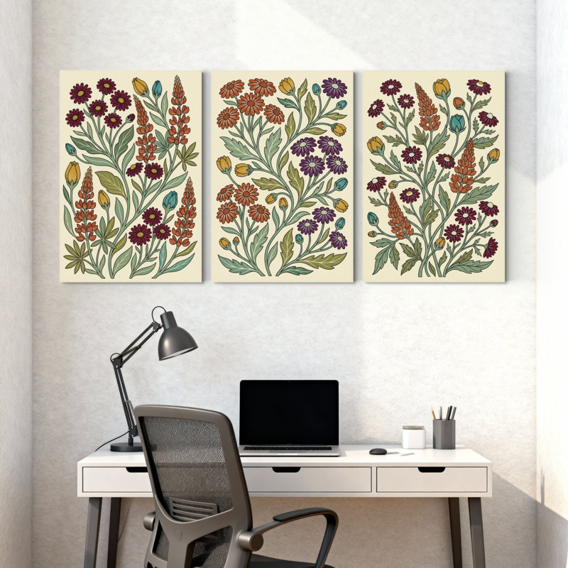 Plantes et fleurs, ensemble de 3 reproductions d'art sur toile, H 24 po x l 48 po