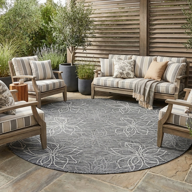 Arjen Floral Flatweave Ash Gray Indoor Outdoor Area Rug, Round 7'10"