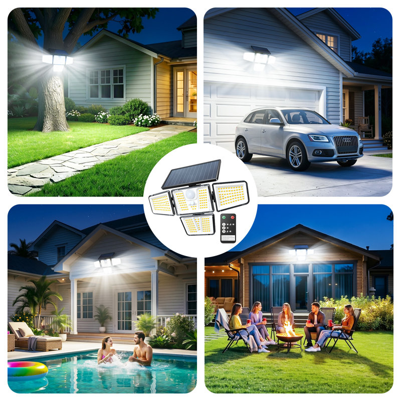 Éclairage solaire extérieur, lumières de sécurité à détecteur de mouvement 3600LM, 4 projecteurs solaires à 270 ° avec télécommande et 3 modes, panneau de verre, IP65 imperméable pour cour, garage, patio