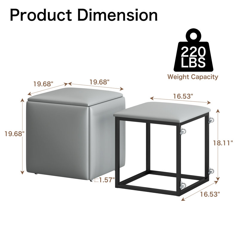 5-in-1 Nesting Square Upholstered Ottoman Cube Chair, Stackable Stools, Faux Leather Pouf With Swivel Casters For Living Room, Dining Room, Bedroom