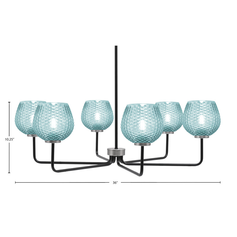 Lustre 6 lumières Amarmula, noir mat et finition graphite, verre texturé turquoise 6 po, Sarcelle, Noir / nickel