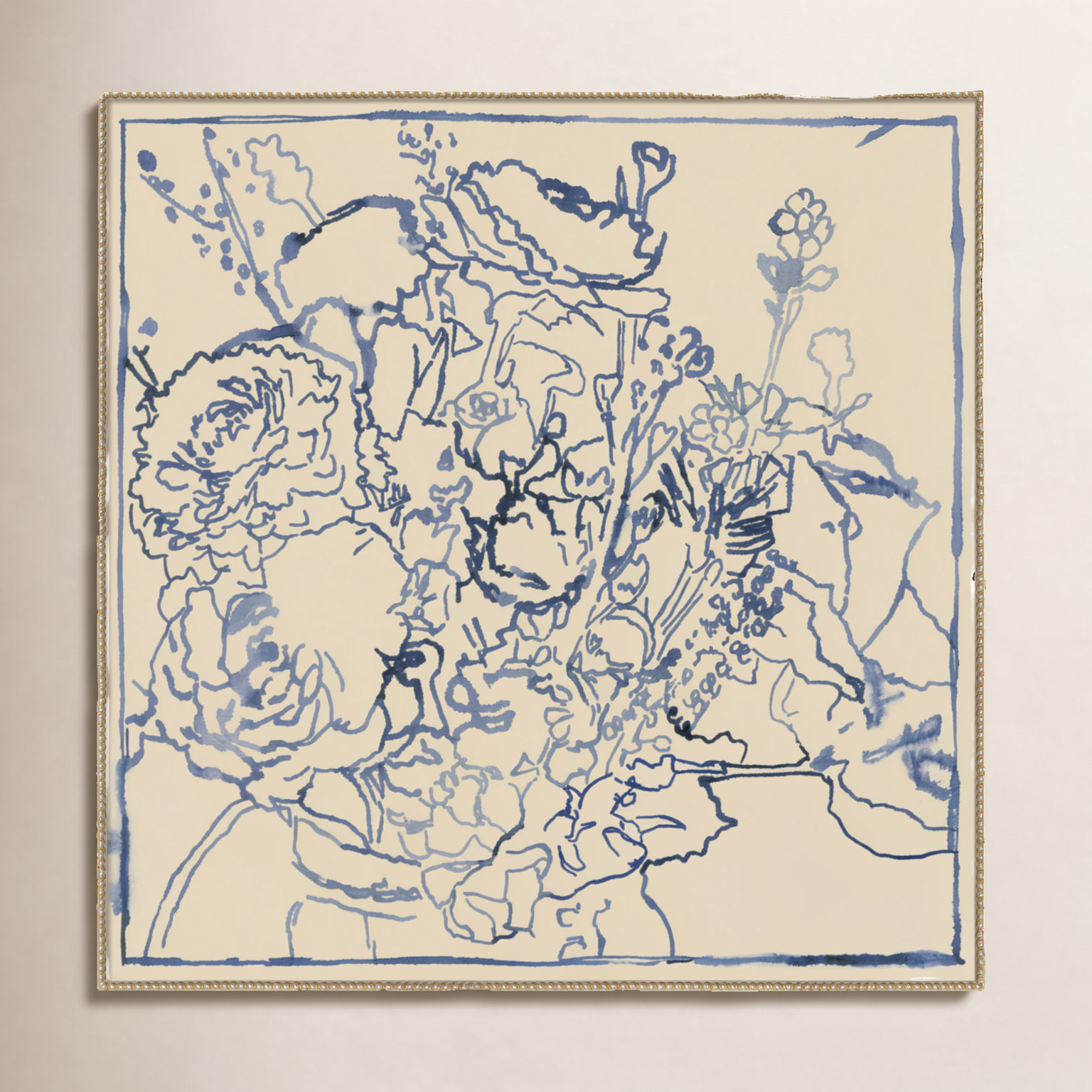 Indigo Floral Sketch by Megan Meagher, Cream, 36" W x 36" H