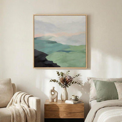 Encadré d'art moderne abstrait paysage neutre vert encadré, impressions sur toile carrées minimalistes pour les murs, images de scène de montagne nature vert sauge pour la salle à manger, couloir, décoration murale 24 x 24 po