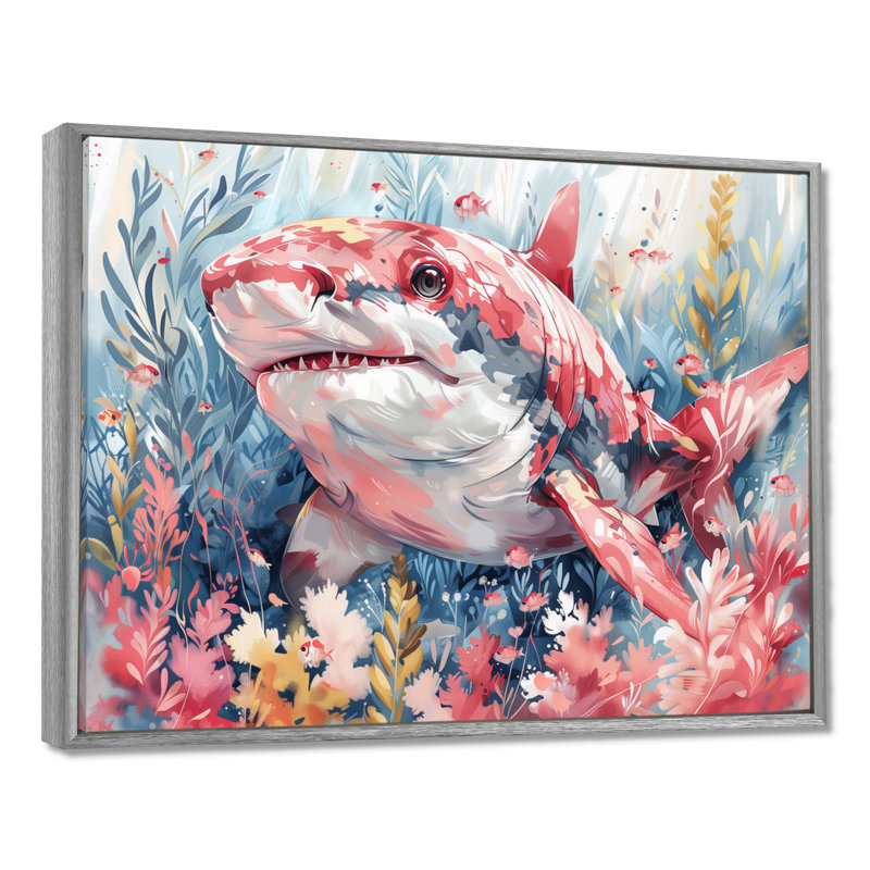 Pink Grey Hunting Shark Watercolor I - Sharkwall Art Wall Art Living Room, 34'' H x 44'' W, Silver Floater Framed