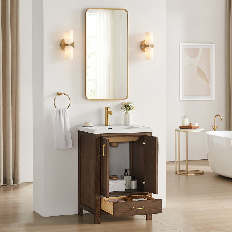 Meuble-lavabo Gela 23,6 po à lavabo simple, couleur brun vieilli épicéa, avec lavabo encastré en céramique blanche.